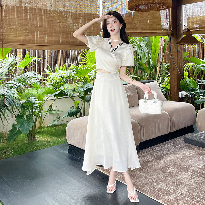 Fashion sexy short long skirt summer V-neck tops 2pcs set