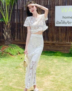 Sexy temperament tops package hip lace long skirt 2pcs set
