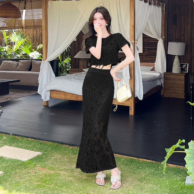 Sexy temperament tops package hip lace long skirt 2pcs set