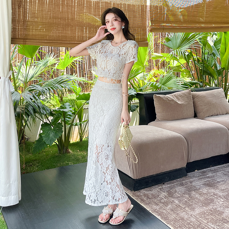 Sexy temperament tops package hip lace long skirt 2pcs set