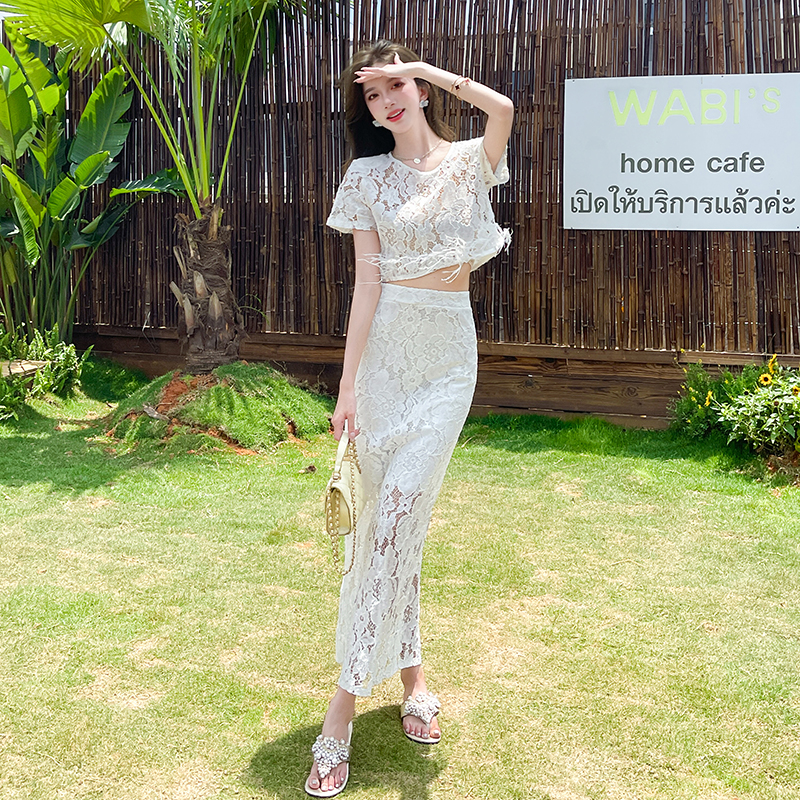 Sexy temperament tops package hip lace long skirt 2pcs set