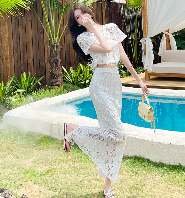 Sexy temperament tops package hip lace long skirt 2pcs set
