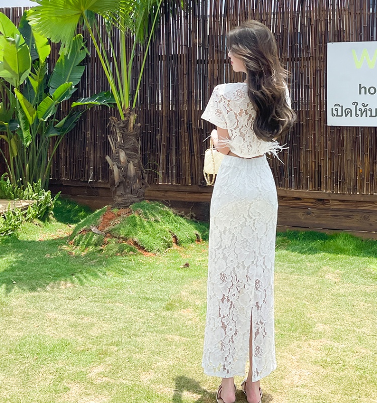 Sexy temperament tops package hip lace long skirt 2pcs set