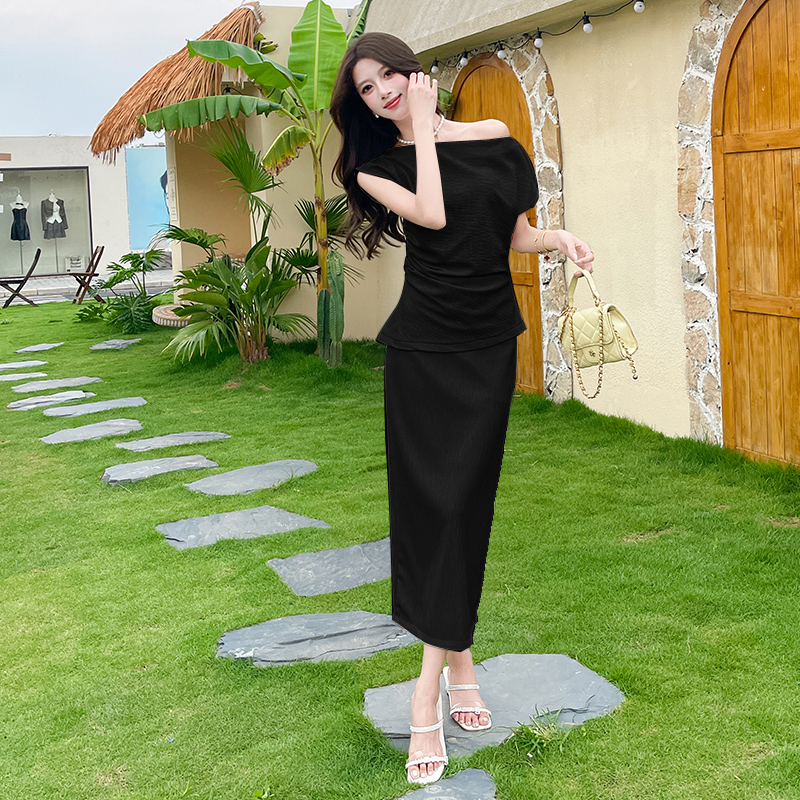 Slim summer long skirt package hip fashion tops 2pcs set