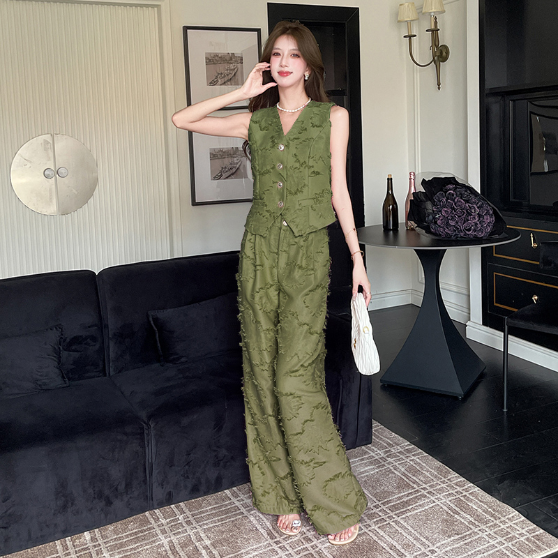 Temperament summer long pants slim personality tops 2pcs set