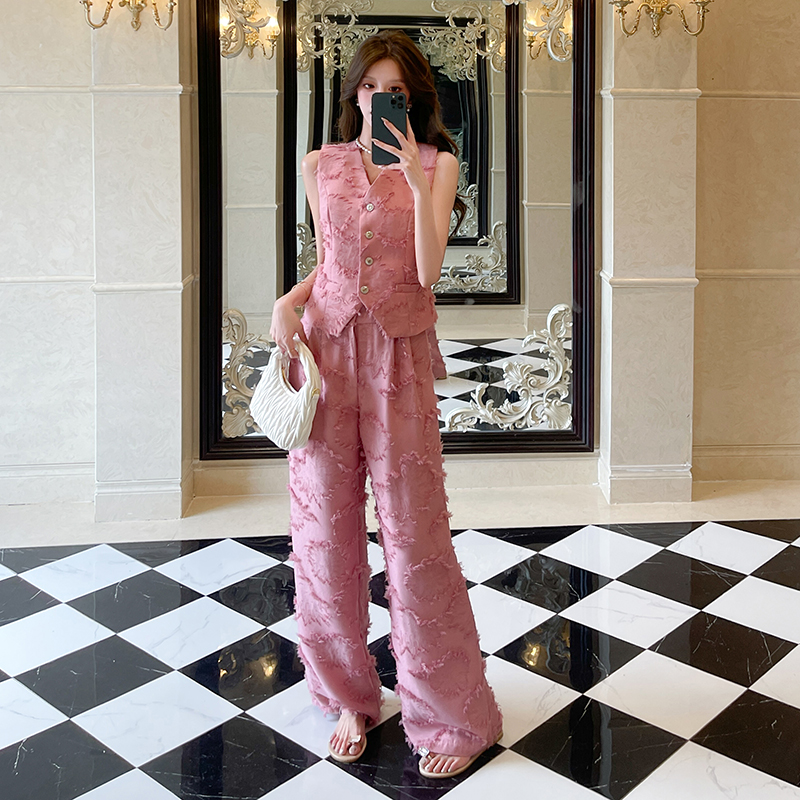 Temperament summer long pants slim personality tops 2pcs set
