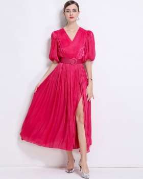 Puff sleeve Korean style long dress crimp European style dress