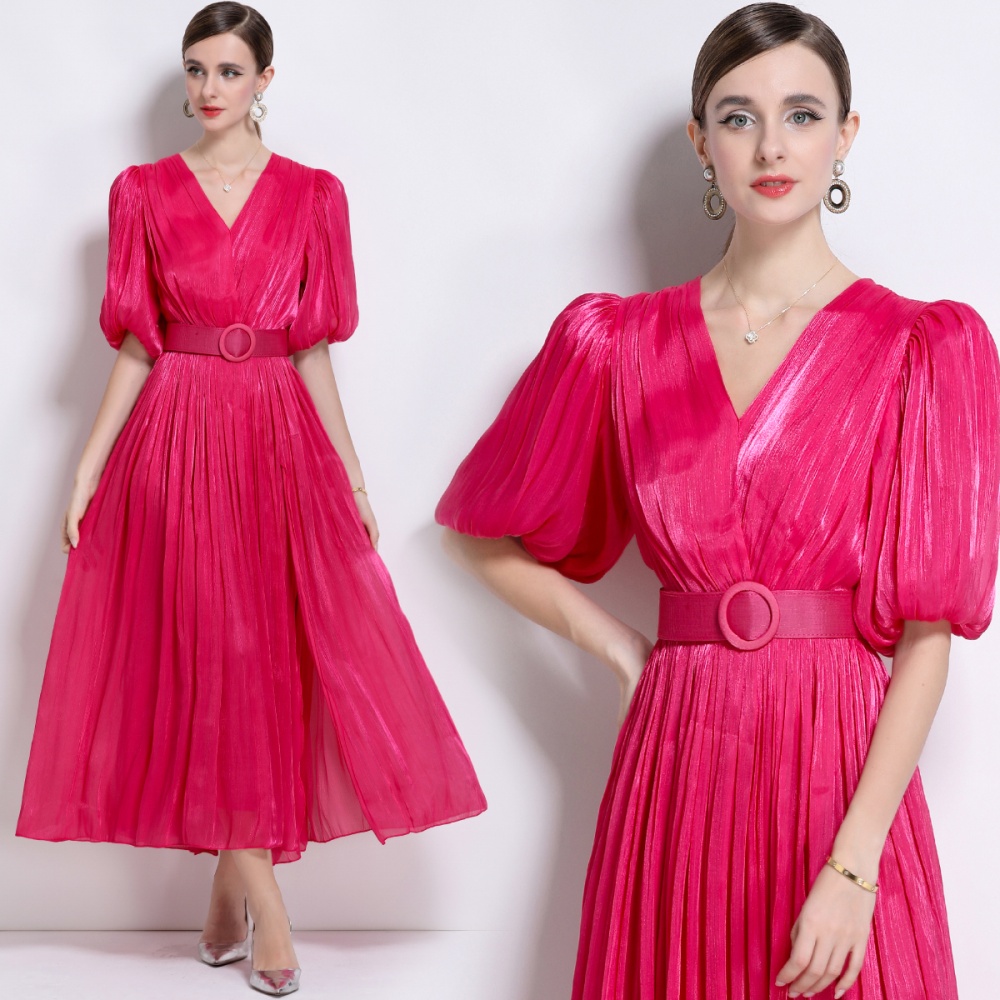 Puff sleeve Korean style long dress crimp European style dress