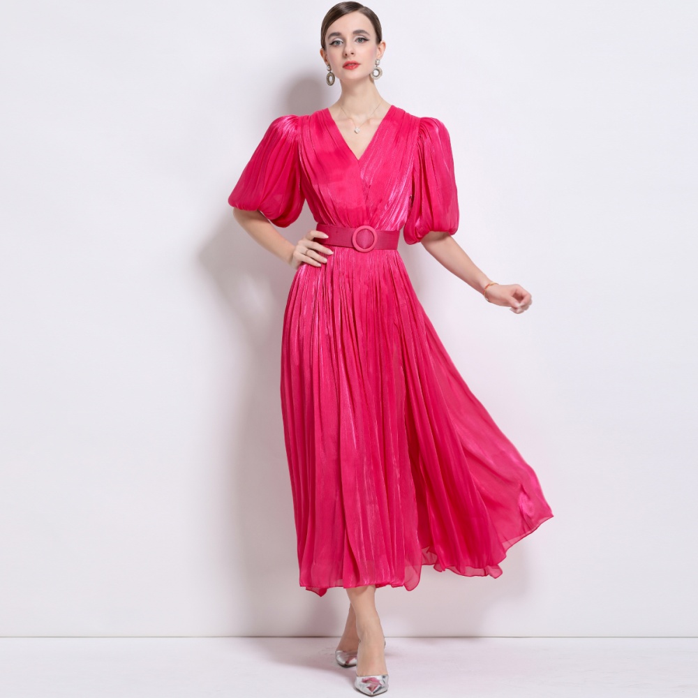 Puff sleeve Korean style long dress crimp European style dress