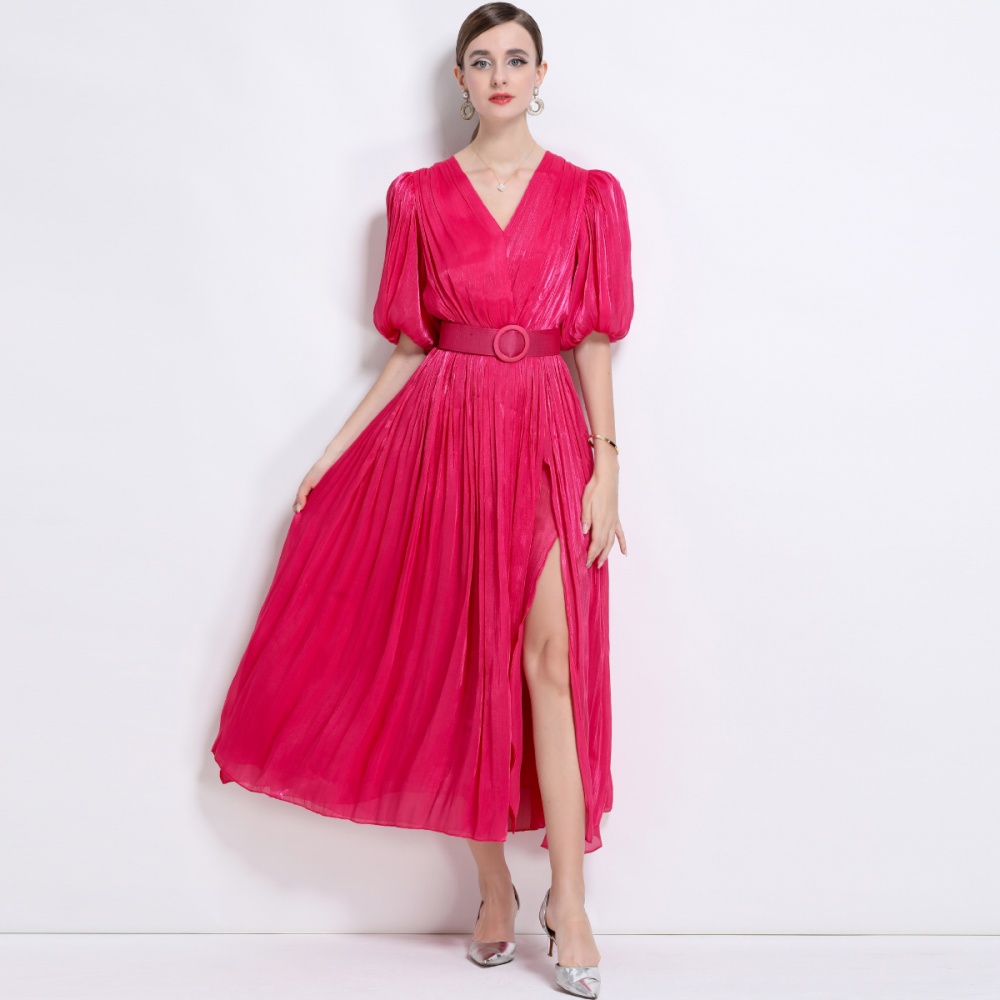 Puff sleeve Korean style long dress crimp European style dress