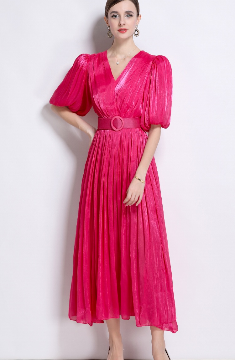 Puff sleeve Korean style long dress crimp European style dress