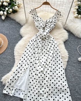 France style polka dot long dress split sling dress for women