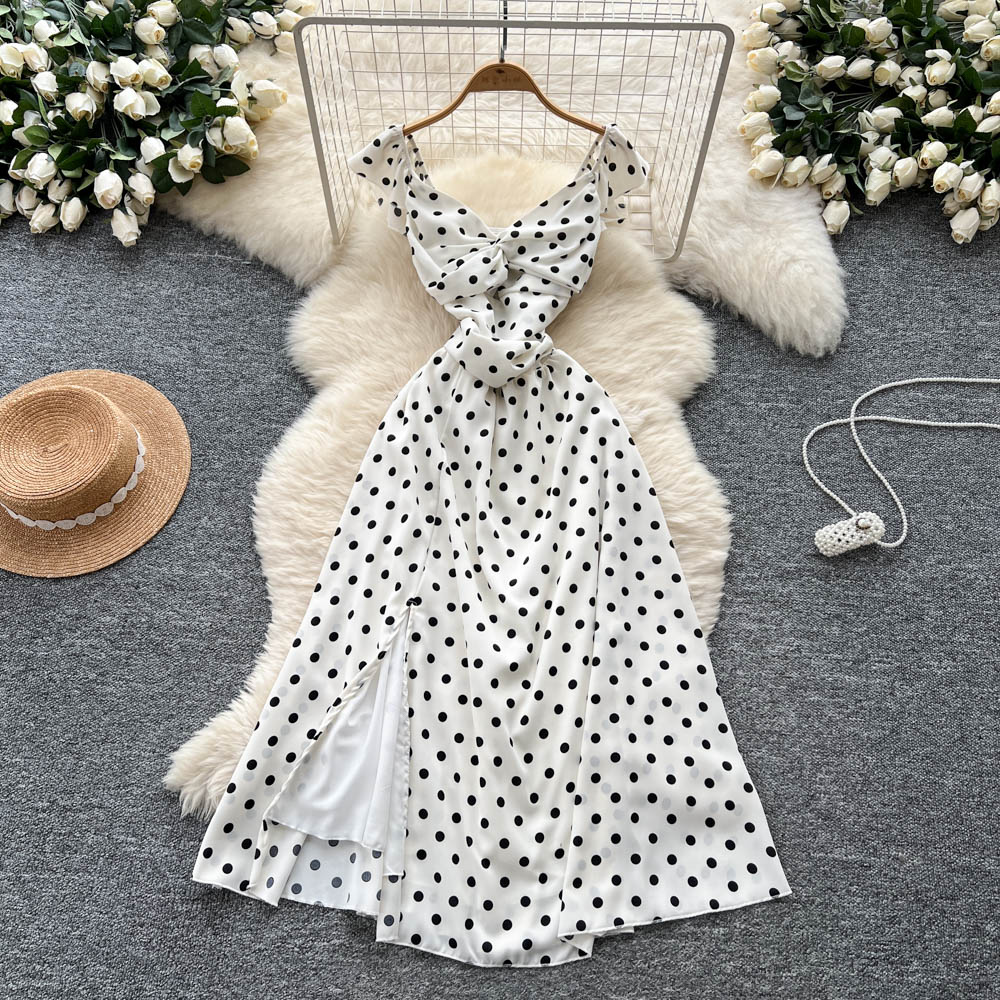 France style polka dot long dress split sling dress for women
