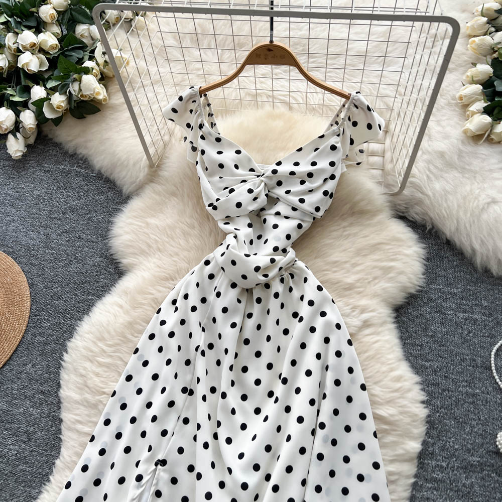 France style polka dot long dress split sling dress for women