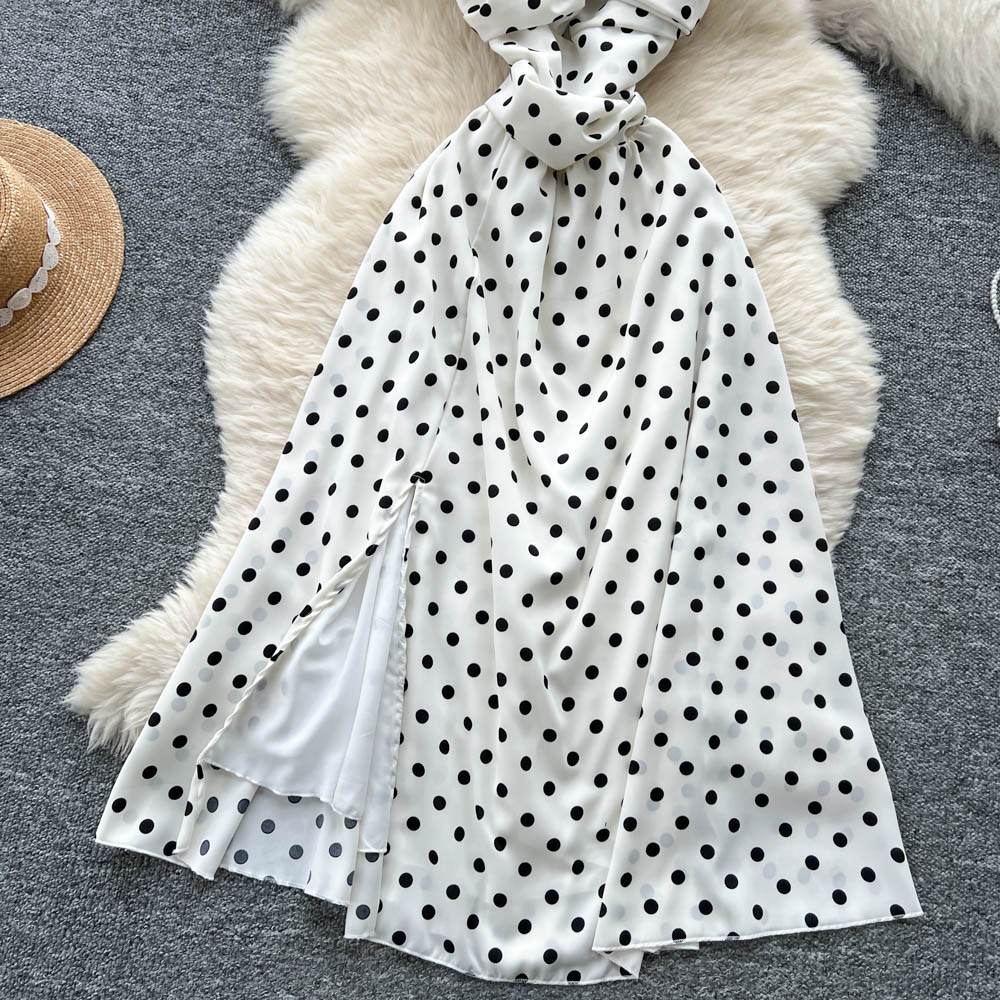 France style polka dot long dress split sling dress for women