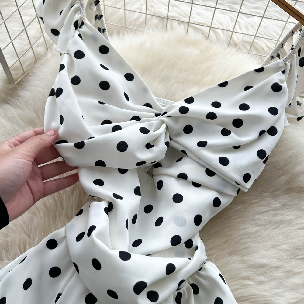 France style polka dot long dress split sling dress for women