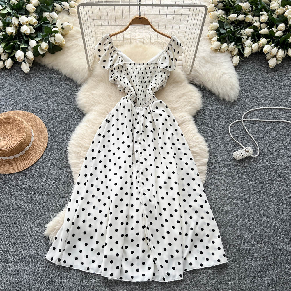 France style polka dot long dress split sling dress for women