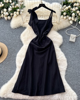 Sling pinched waist temperament France style slim bow dress