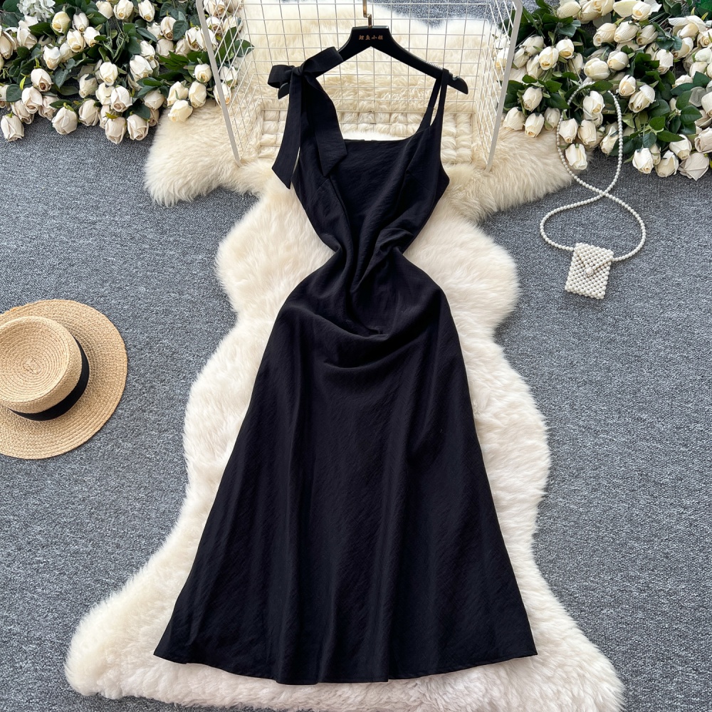 Sling pinched waist temperament France style slim bow dress