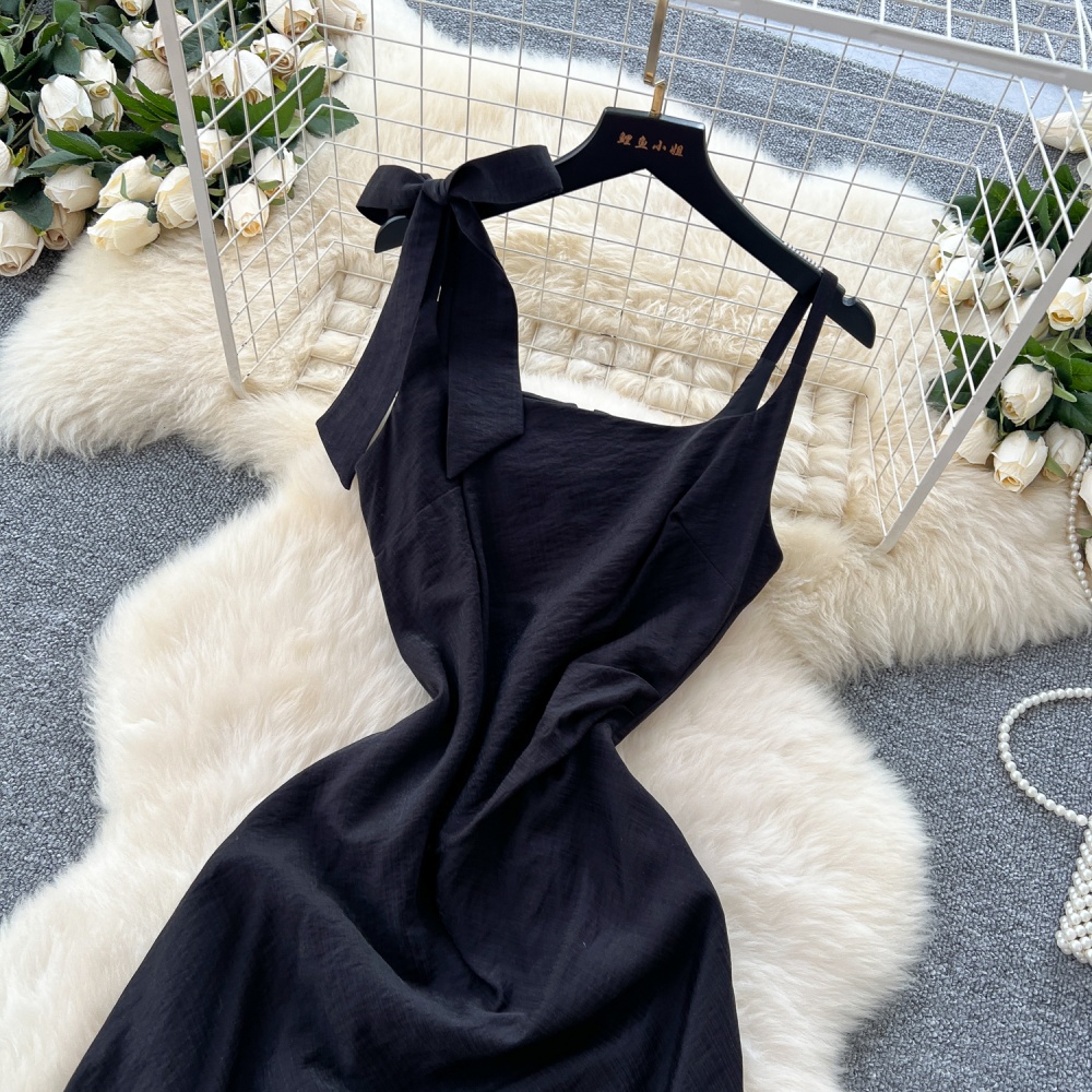 Sling pinched waist temperament France style slim bow dress