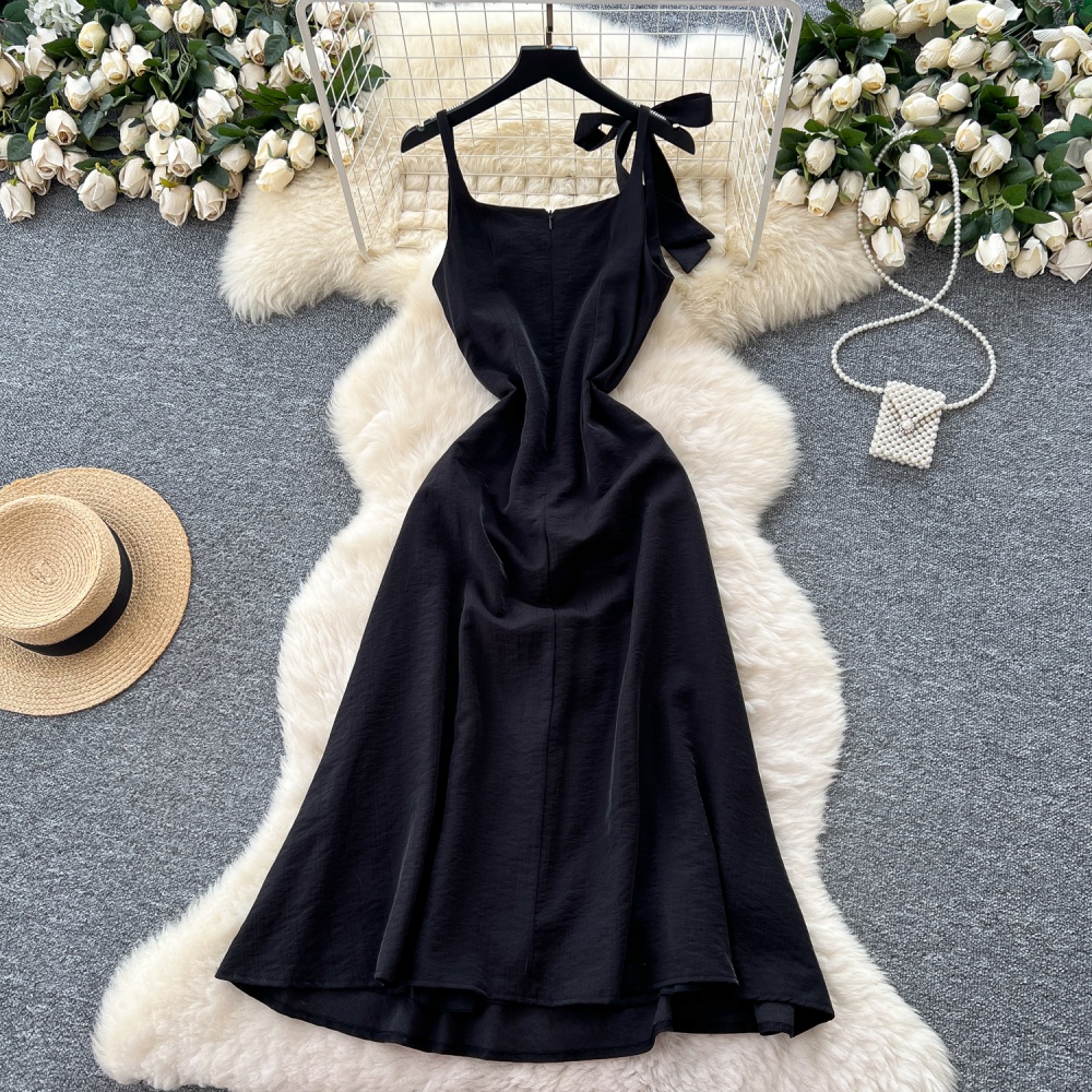 Sling pinched waist temperament France style slim bow dress