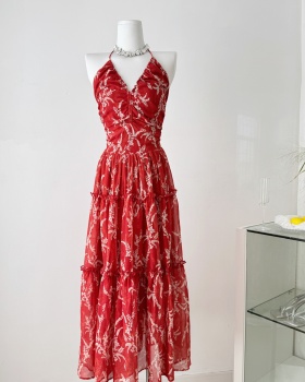 France style halter dress V-neck long dress for women