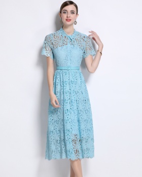 Lace Chinese style temperament short sleeve pocket dress