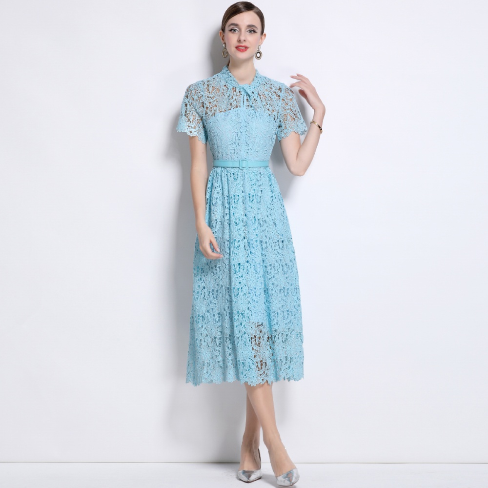 Lace Chinese style temperament short sleeve pocket dress