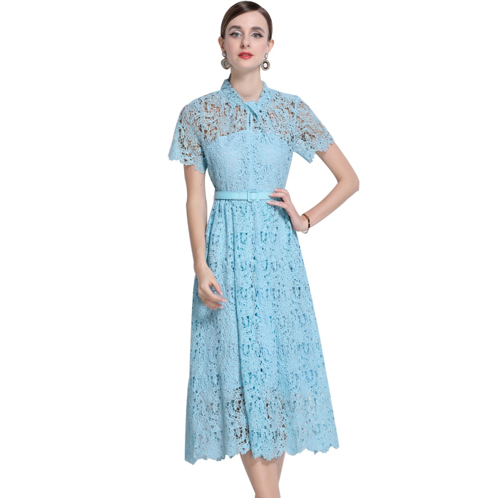 Lace Chinese style temperament short sleeve pocket dress
