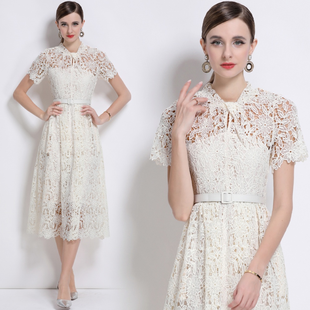 Lace short sleeve temperament pocket Chinese style dress