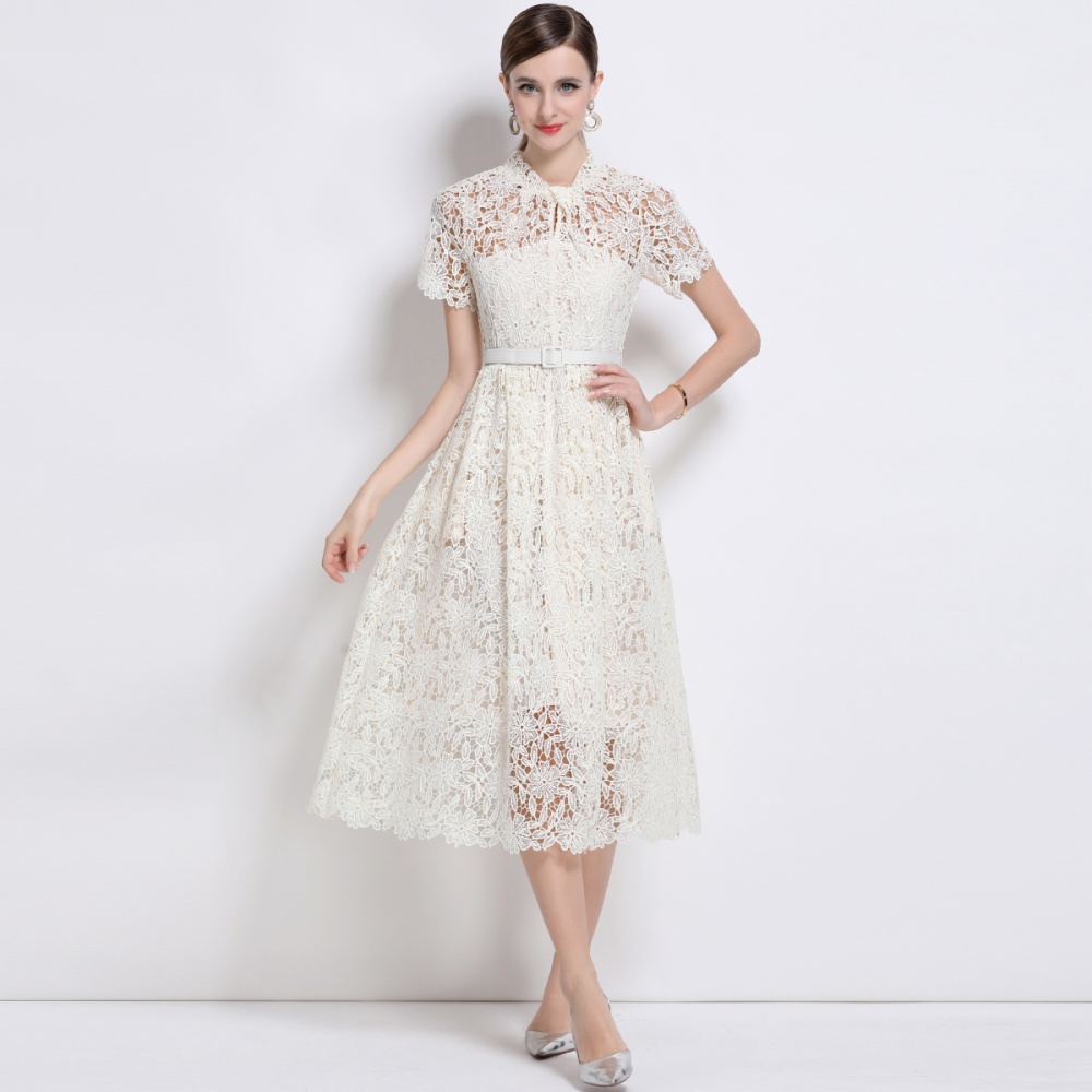 Lace short sleeve temperament pocket Chinese style dress