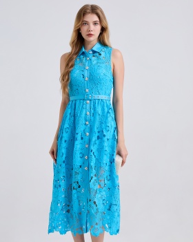 Summer slim A-line shirt collar high waist dress