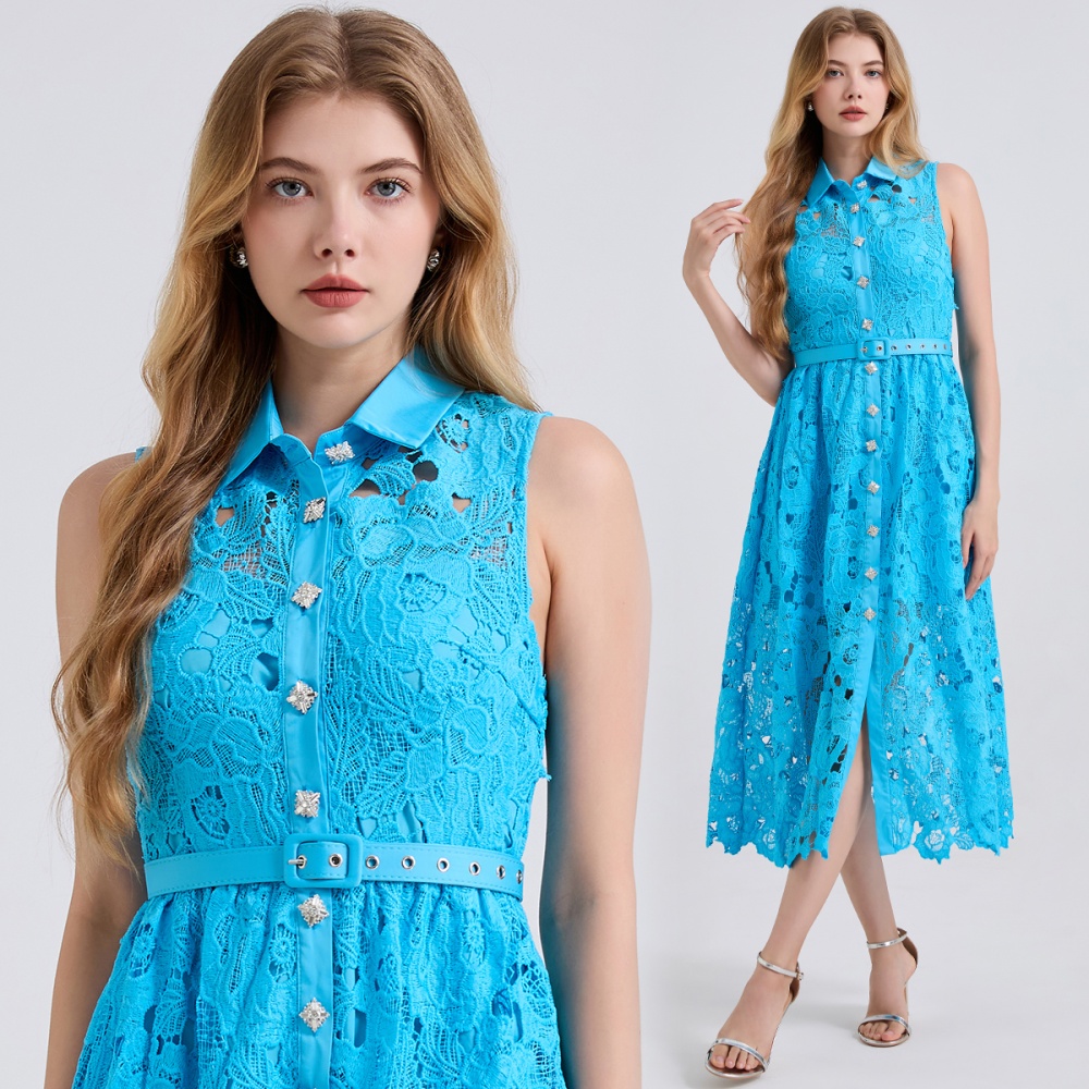 Summer slim A-line shirt collar high waist dress