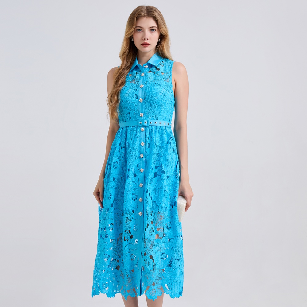 Summer slim A-line shirt collar high waist dress
