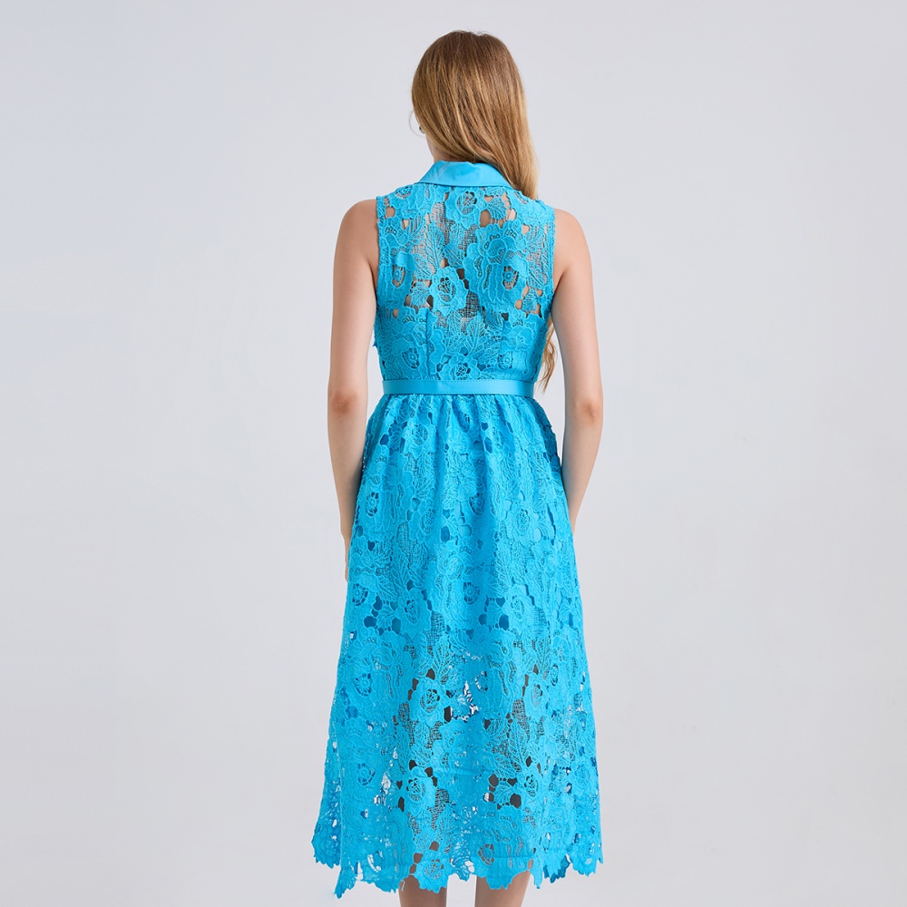 Summer slim A-line shirt collar high waist dress