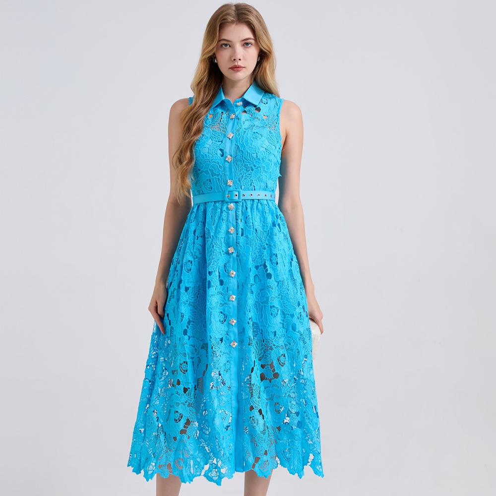 Summer slim A-line shirt collar high waist dress