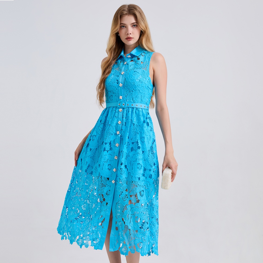 Summer slim A-line shirt collar high waist dress