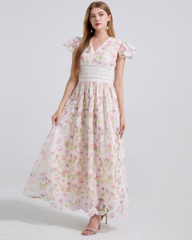 High waist lace splice boats sleeve stereoscopic dress