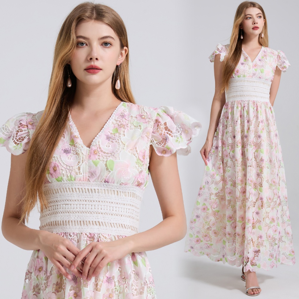 High waist lace splice boats sleeve stereoscopic dress