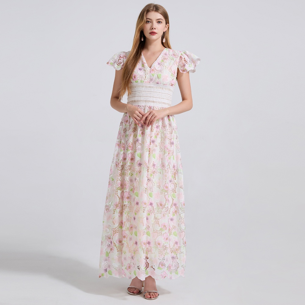 High waist lace splice boats sleeve stereoscopic dress