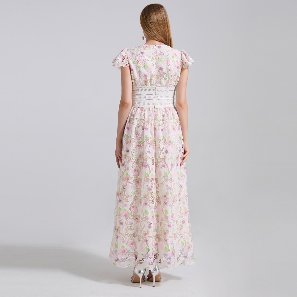 High waist lace splice boats sleeve stereoscopic dress