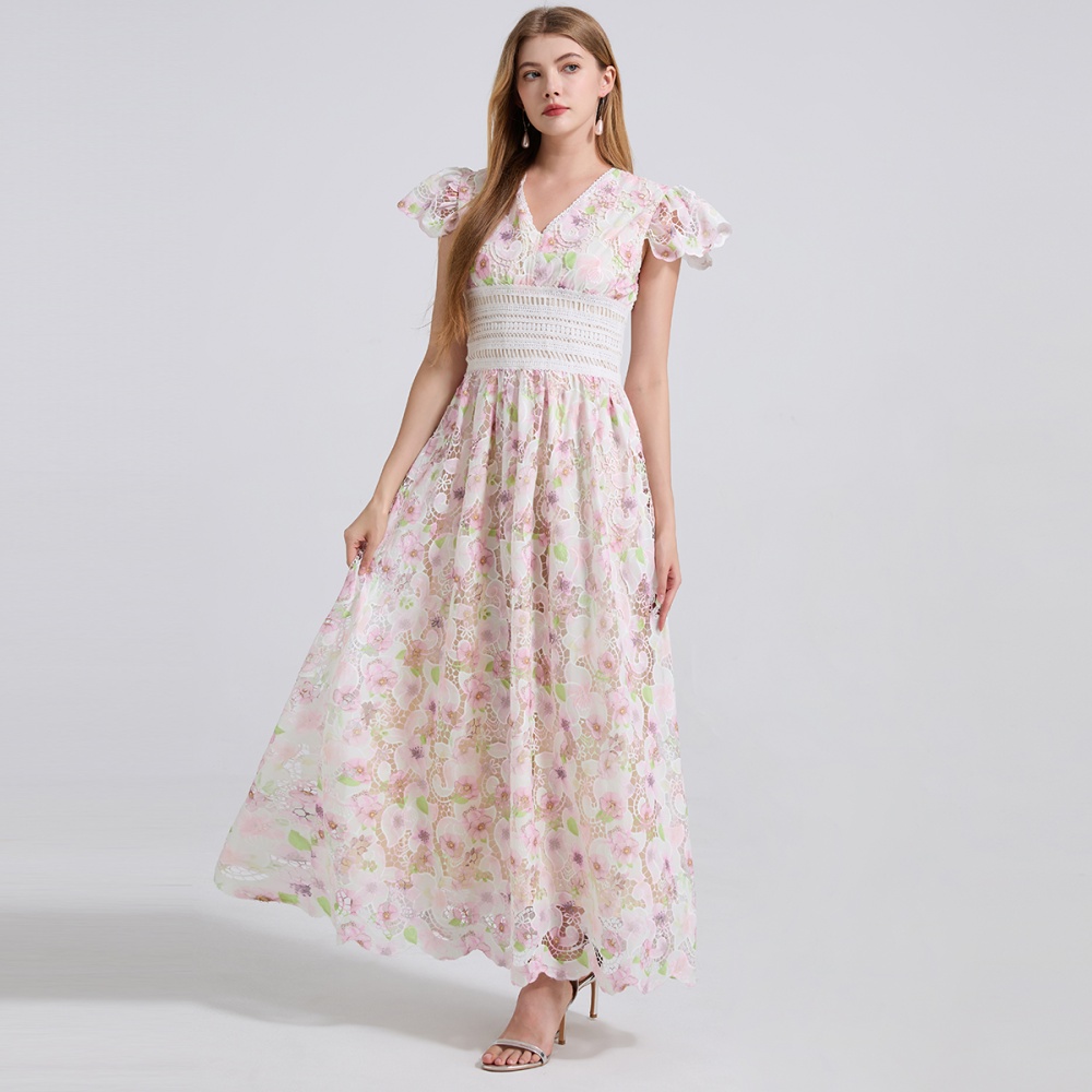 High waist lace splice boats sleeve stereoscopic dress