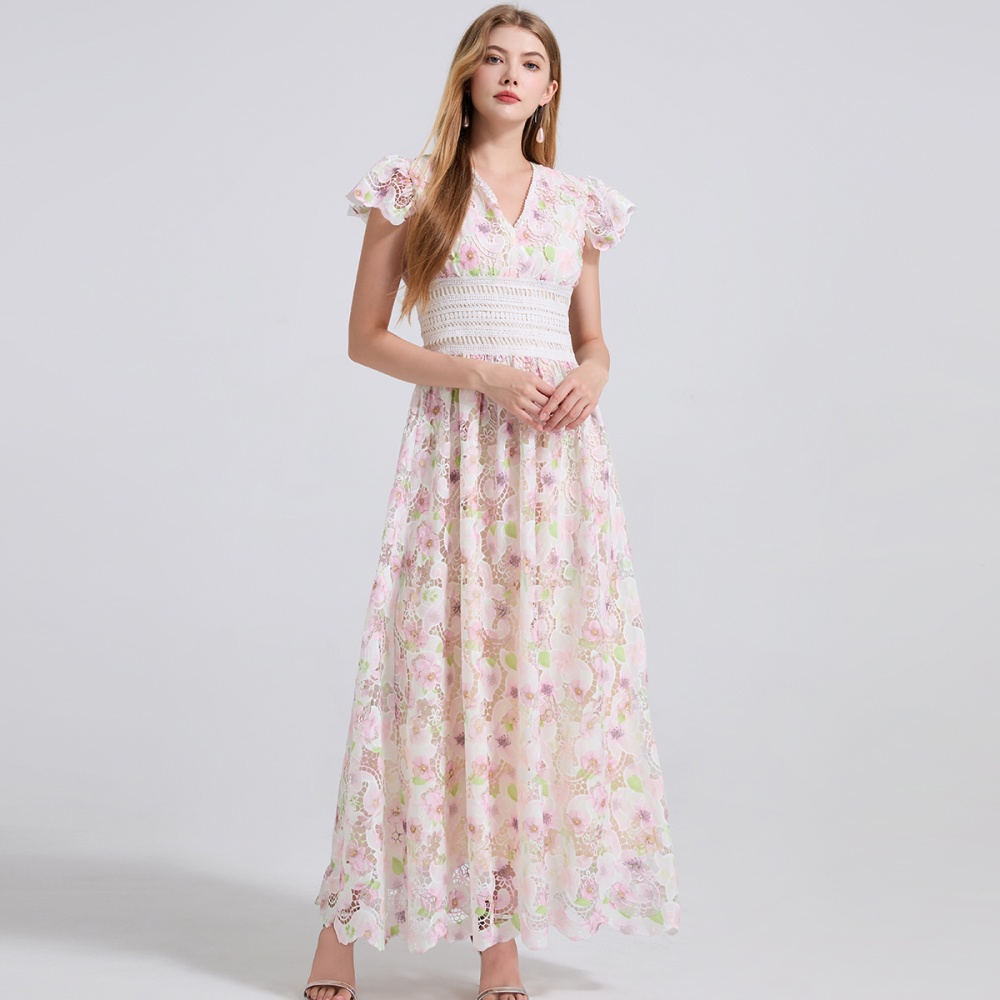 High waist lace splice boats sleeve stereoscopic dress