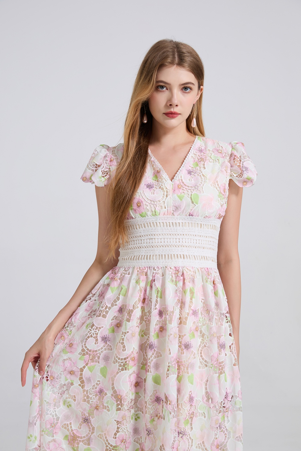 High waist lace splice boats sleeve stereoscopic dress