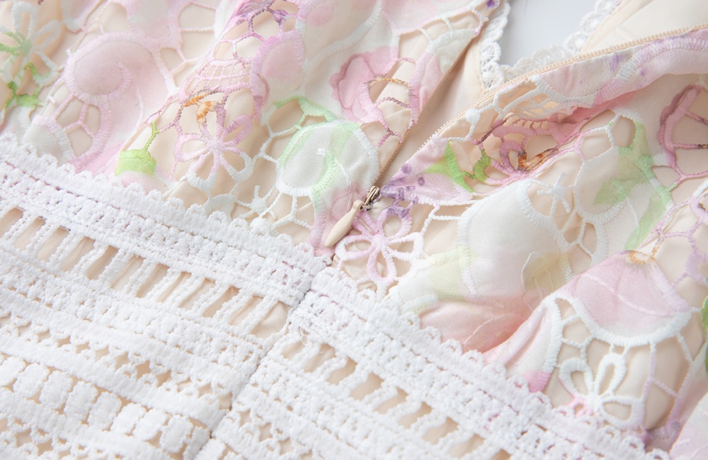 High waist lace splice boats sleeve stereoscopic dress