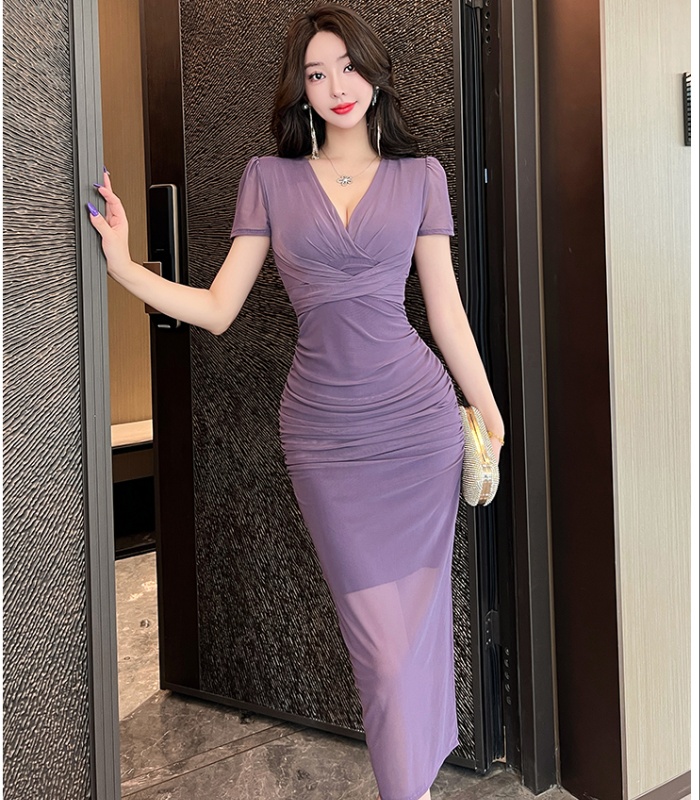 Split low-cut gauze V-neck long temperament dress