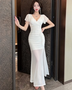 Package hip gauze long dress V-neck sexy dress