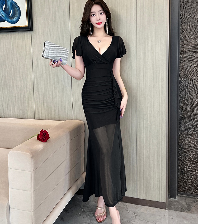 Package hip gauze long dress V-neck sexy dress