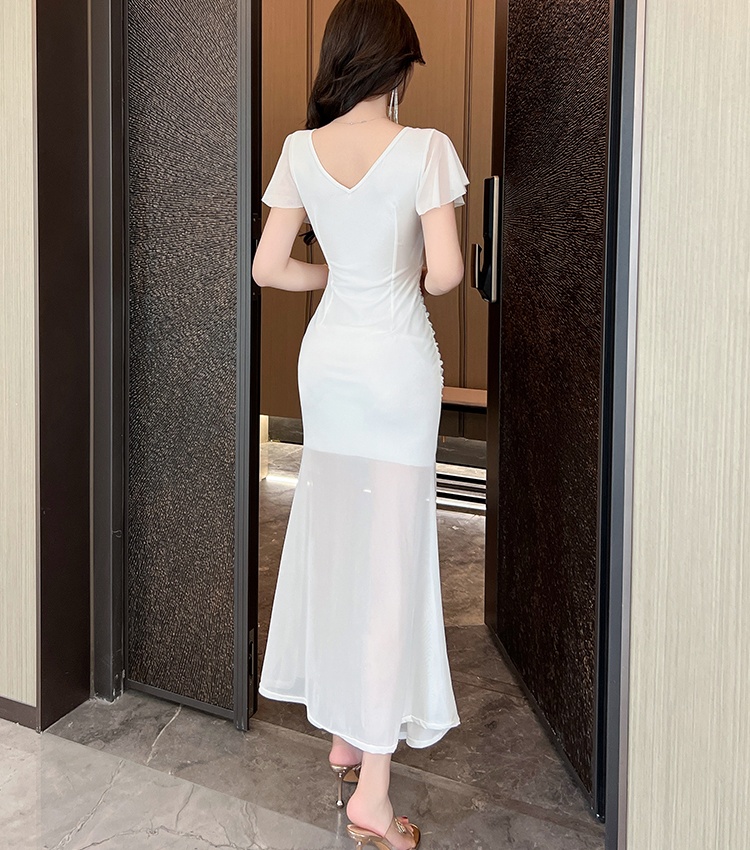 Package hip gauze long dress V-neck sexy dress