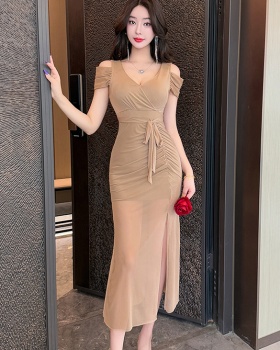 Sexy long slit short sleeve gauze V-neck dress